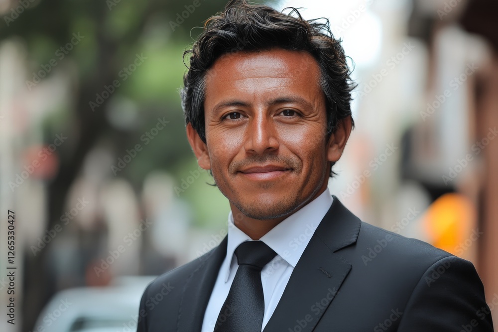 Confident businessman smiles in urban setting on a sunny day, showcasing professional attire and charisma Confident businessman smiles in urban setting on a sunny day, showcasing professional attire and charisma