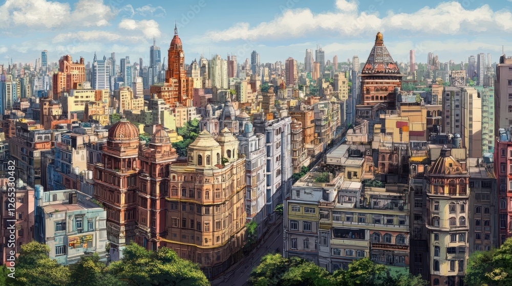 Naklejka premium Cityscape panorama bustling streets, colonial architecture, modern skyline