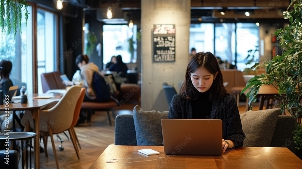 カフェで仕事する女性 カフェで仕事する女性