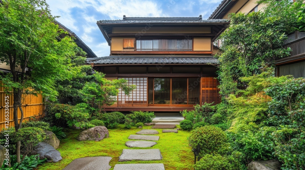Traditional japanese house with lush green garden and stone path Traditional japanese house with lush green garden and stone path