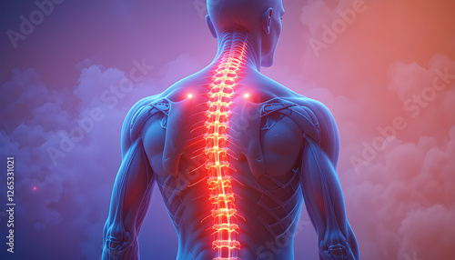 3D rendering of human spine with highlighted vertebrae