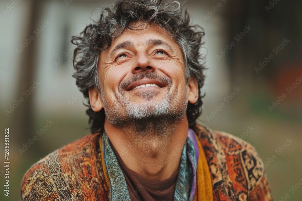 Man with curly hair smiling while looking up at the sky in a natural setting during daylight Man with curly hair smiling while looking up at the sky in a natural setting during daylight