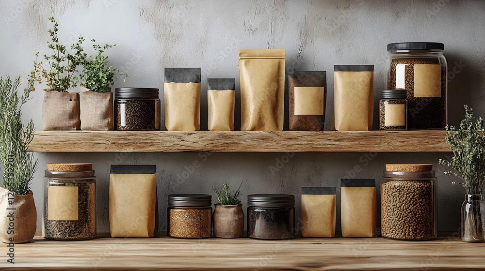 Fototapeta premium Earth-tone themed branding mockup with neutral backgrounds, warm-toned packaging, and soft natural light with copy space