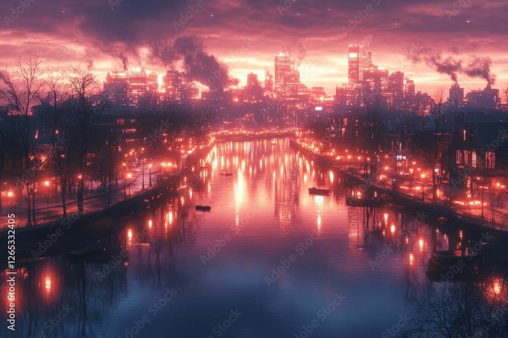 Pink city dawn, canal reflections, urban glow. Pink city dawn, canal reflections, urban glow.