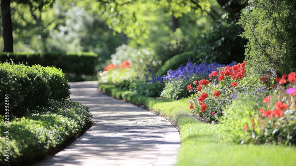 Winding path through landscaped garden with colorful flowers Winding path through landscaped garden with colorful flowers
