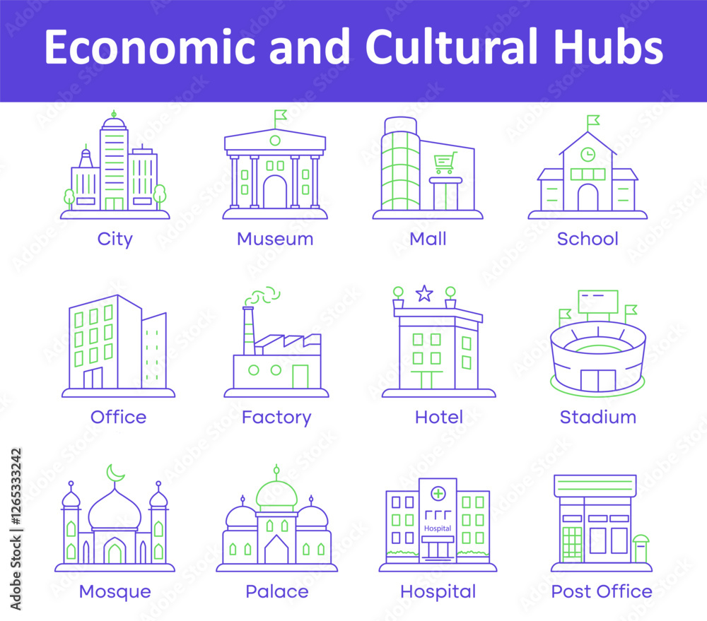 Economic and Cultural Hubs – Landmarks Representing Business, Leisure, and Heritage
icons with editable stroke. Economic and Cultural Hubs – Landmarks Representing Business, Leisure, and Heritage
icons with editable stroke.