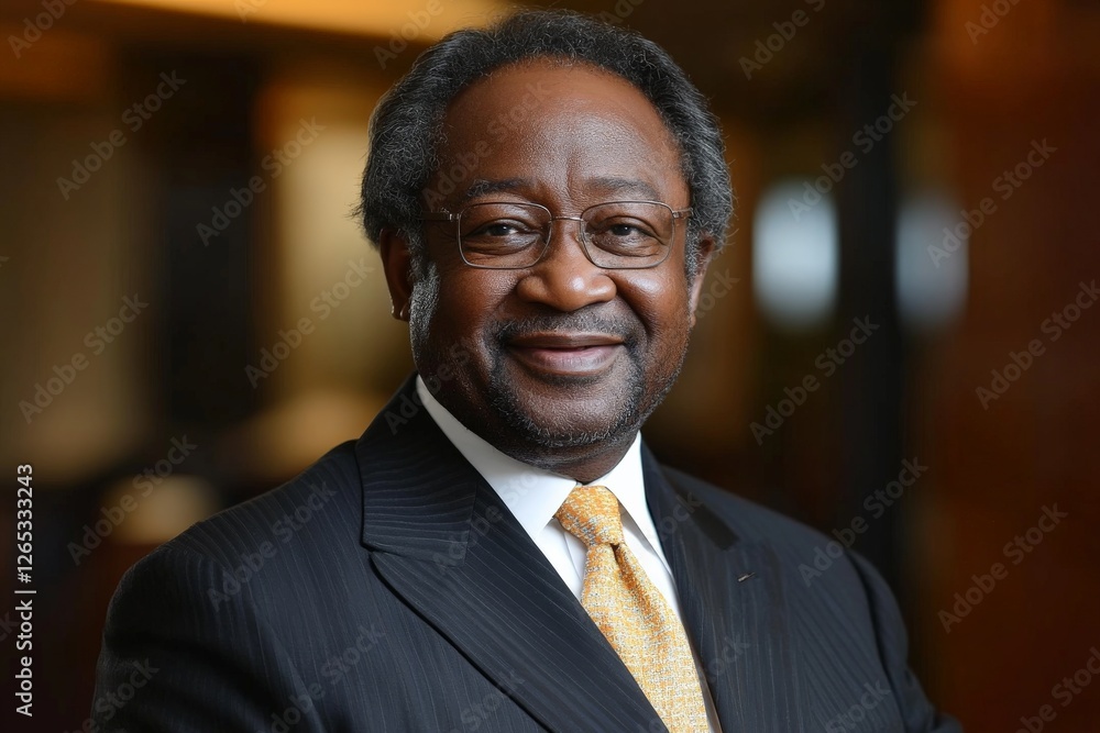 Business professional smiling in a formal setting during a corporate event at an upscale venue in late afternoon light