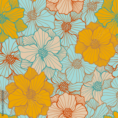 Cute poppy blossom repeating design. Hand drawn bouquet background. Poppy blo...