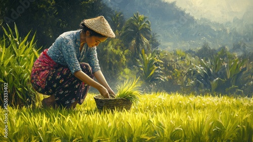 Asian woman planting rice seedlings in a paddy field, sunrise, lush hills in background photo