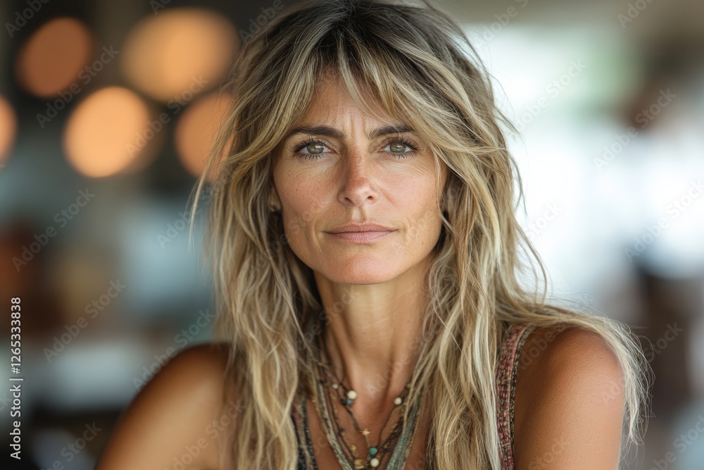 Fototapeta premium Woman with long hair and striking eyes poses confidently in a bright, modern indoor setting