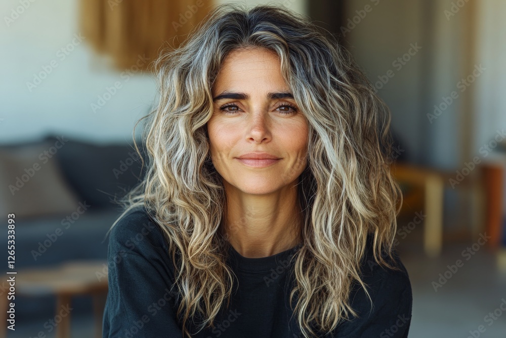 Fototapeta premium Woman with curly hair smiles warmly while relaxing indoors in a modern living space with natural light