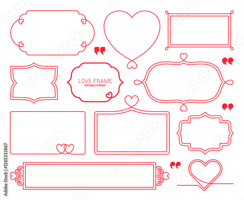 Vector Set of Red Love Theme Frames. Eleven Outline Style Illustration with copy space, for Love, Celebrations, Valentine's Day, Weddings.