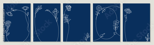 Elegant frames with hand drawn flowers and leaves, design templates in line style. Vector backgrounds for wedding invitations, greeting cards, social media stories, label, corporate identity