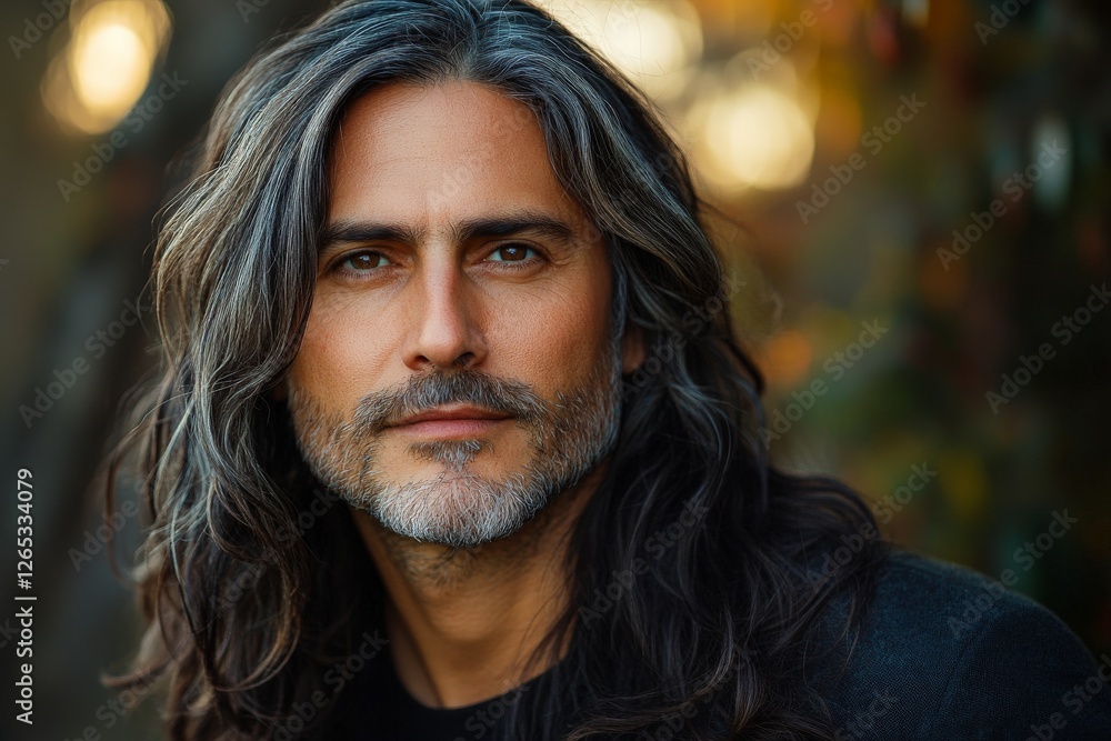 Man with long flowing hair poses confidently in a natural setting during golden hour Man with long flowing hair poses confidently in a natural setting during golden hour