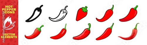 Red hot natural chili pepper icons set. Vector Asian and Mexican spicy food and sauce. Spicy chili pepper isolated on transparent background
