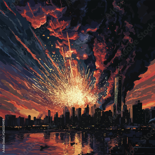 A vector of fireworks exploding over a city skyline