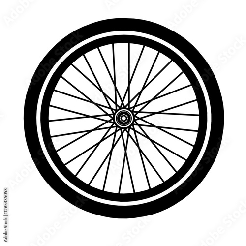 Black bicycle wheel symbol, vector. Bicycle rubber. Mountain tyre. Valve. Fitness bike. Mountain bike.