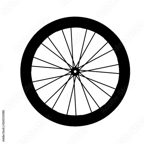 Black bicycle wheel symbol, vector. Bicycle rubber. Mountain tyre. Valve. Fitness bike. Mountain bike.