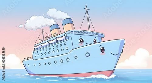 Wallpaper Mural Cute Cartoon Cruise Ship Sailing on the Water with Smiling Face Torontodigital.ca