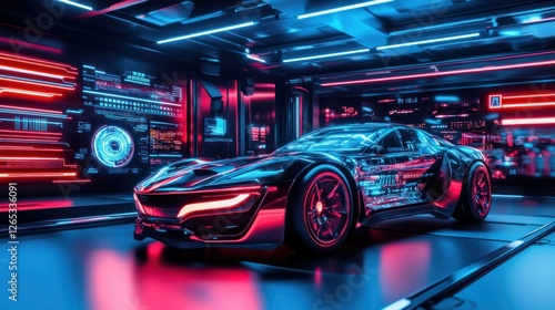 Futuristic car, garage, neon, tech, display