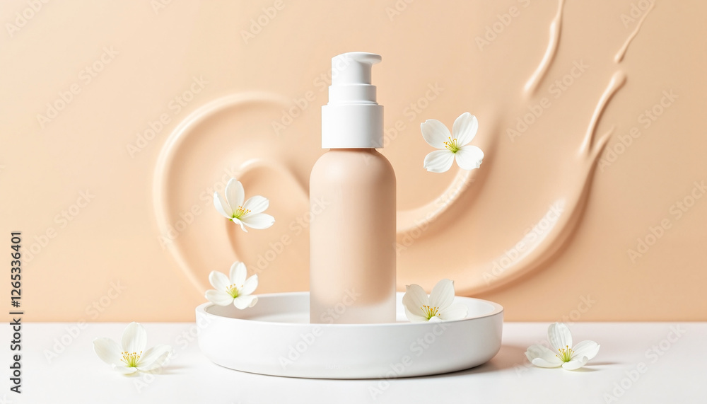 Minimalist matte foundation bottle surrounded by floating jasmine petals and creamy liquid swirls on a white dish, beauty and elegance concept. Minimalist matte foundation bottle surrounded by floating jasmine petals and creamy liquid swirls on a white dish, beauty and elegance concept.