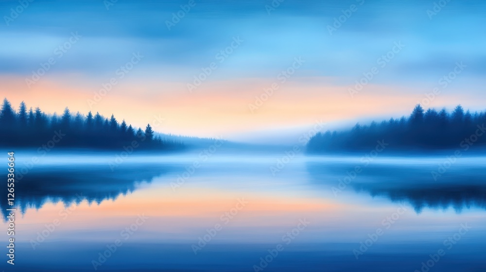 Fototapeta premium A serene sunrise over a tranquil lake, featuring soft hues of blue and orange reflecting on the calm waters, surrounded by lush trees, creating a peaceful nature scene.