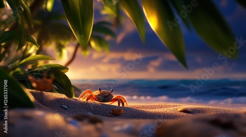 A vibrant scene depicting a crab on a sandy beach, framed by lush greenery under a golden sunset, showcasing the beauty of nature and wildlife in a serene coastal setting. photo