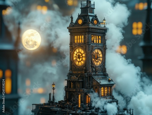 Enchanting clock tower moonlit steam scene photo