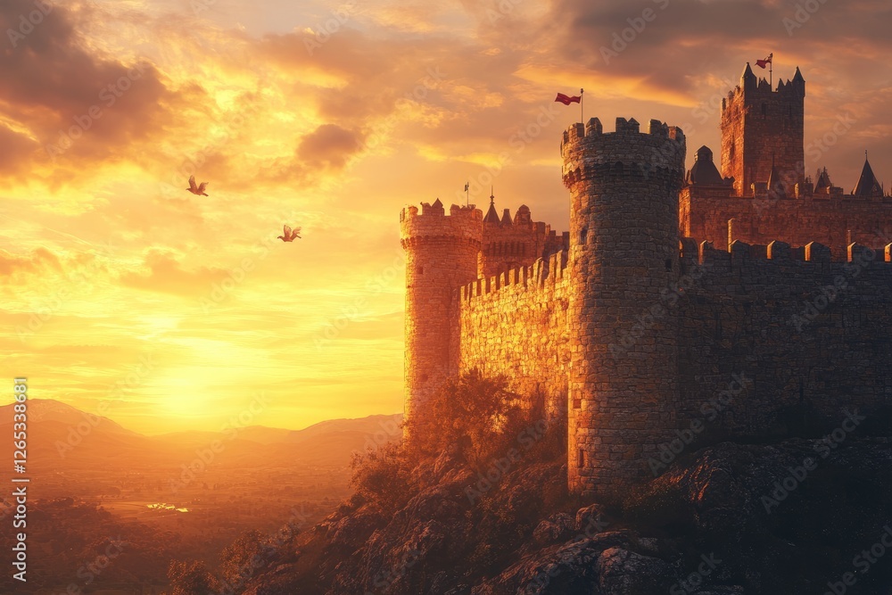 Obraz premium A medieval castle illuminated by golden sunset light, with knights patrolling the walls