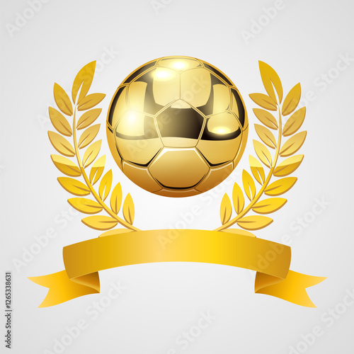 Gold soccer ball with laurel wreath and ribbon. Vector illustration