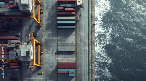 Aerial view of a busy shipping port with colorful containers, cranes, and ocean waves in the background photo