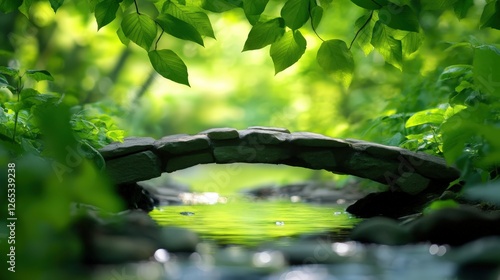 A serene scene depicting a small stone bridge arching over a calm stream, surrounded by lush green foliage, creating a tranquil natural setting perfect for relaxation and reflectio photo