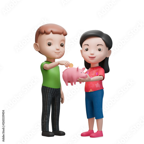 3D illustration of two cartoon  kids with piggy bank in transparent background- Savings concept