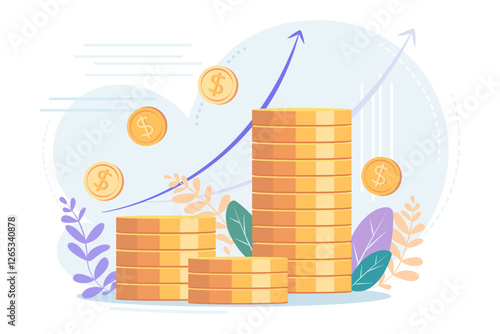 Stacks of coins of different heights, side view, financial concept and financial investment, growth of stocks and business. Vector illustration of profit, successful investment of money. Dollar sign