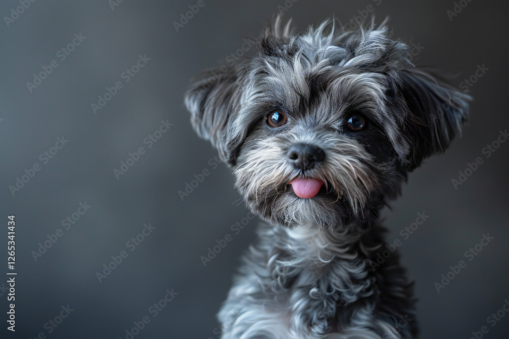 Cute Maltipoo Portrait Featuring Lovable Grey and White Furry Face, Tasty Tongue Kisses, and Soft Focus on Grey Background Cute Maltipoo Portrait Featuring Lovable Grey and White Furry Face, Tasty Tongue Kisses, and Soft Focus on Grey Background