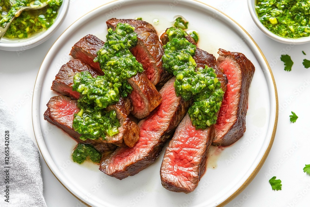 Delicious grilled steak served with fresh chimichurri sauce, perfect for any gourmet dining experience.