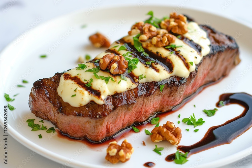 Delicious grilled steak topped with creamy sauce, walnuts, and herbs on a white plate for a gourmet dining experience. Delicious grilled steak topped with creamy sauce, walnuts, and herbs on a white plate for a gourmet dining experience.