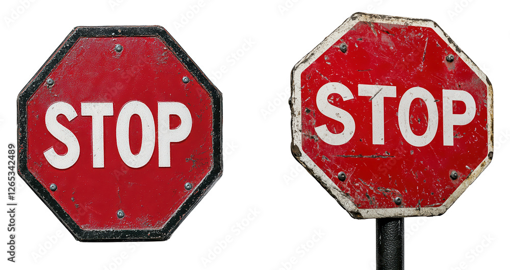 Obraz premium Weathered Stop Signs with Distressed Look on Urban Background, isolated on transparent background.