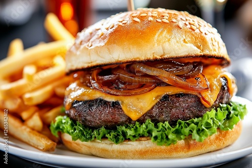 A delicious cheeseburger topped with grilled onions and served with crispy fries, perfect for any meal. photo