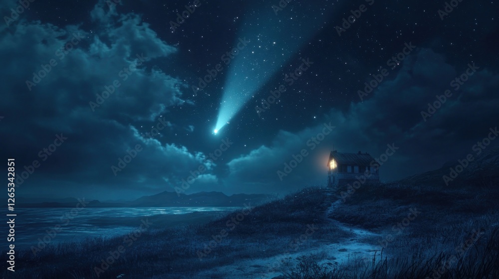 Fototapeta premium Comet over coastal cottage at night