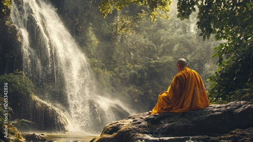 Monk meditating by waterfall in jungle photo