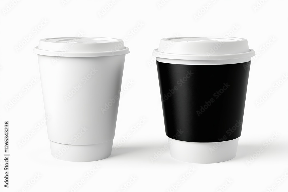 two white and black coffee cups with lids on a white surface two white and black coffee cups with lids on a white surface