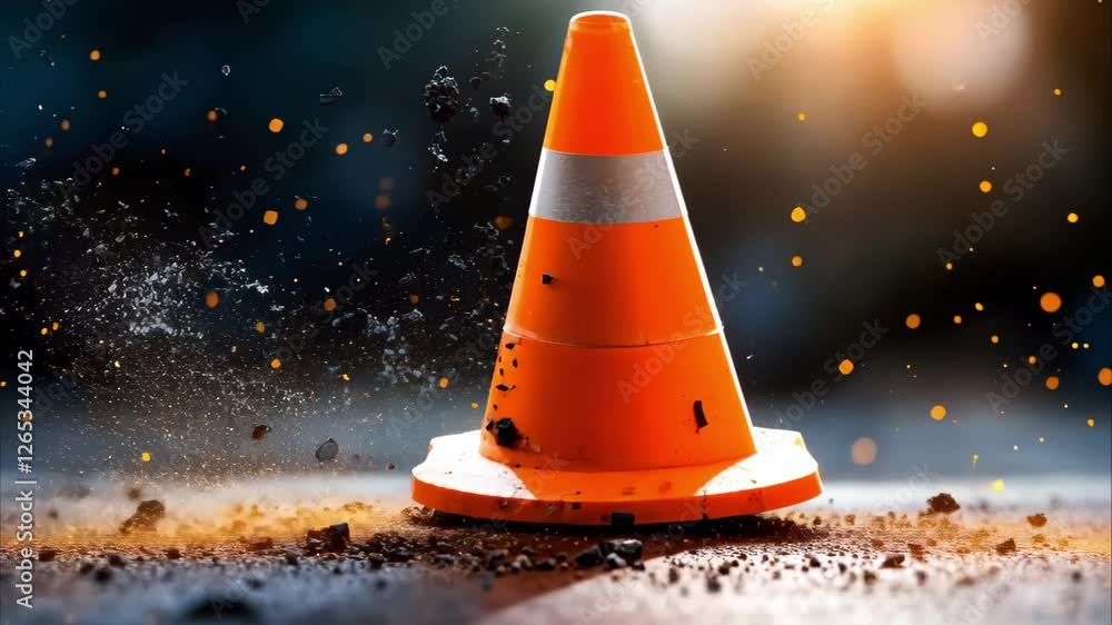 A bright orange traffic cone amidst dust and debris, suggesting movement or an event affecting the surrounding area.