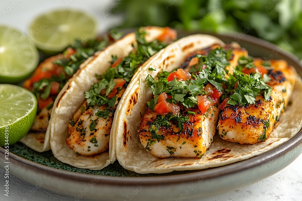 Grilled fish tacos served with fresh lime and cilantro, garnished with tomato salsa on a plate Grilled fish tacos served with fresh lime and cilantro, garnished with tomato salsa on a plate