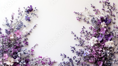 delicate pastel lavender sprigs cascading from the top corners, with a clean, soft white background  