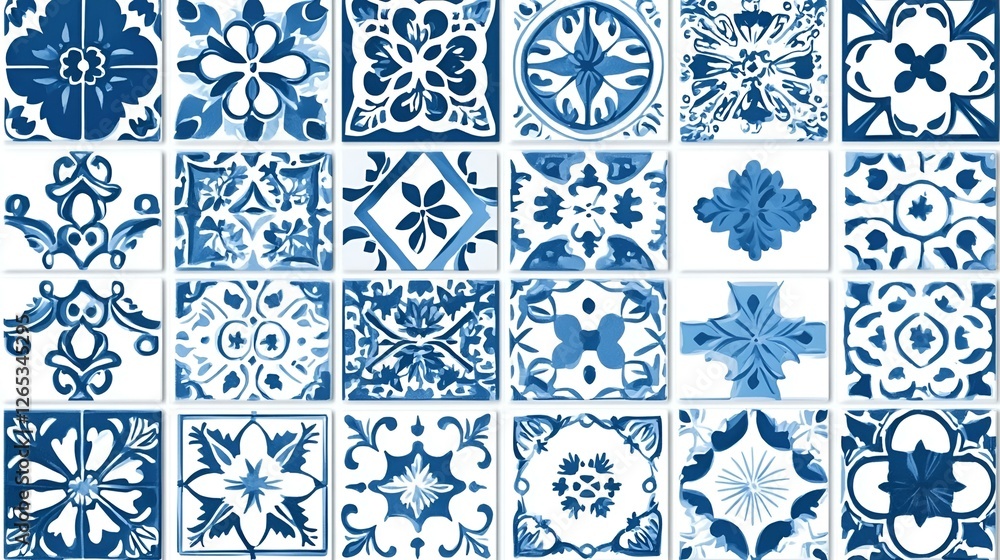 Fototapeta premium Traditional blue and white ceramic tile pattern with intricate ornamental designs in vintage style