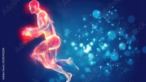 Abstract representation of a glowing human figure in motion against a digital blue background