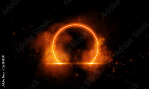 Circular portal effect, illuminated by golden-orange hues and star-like particles, conveying mystery and power.