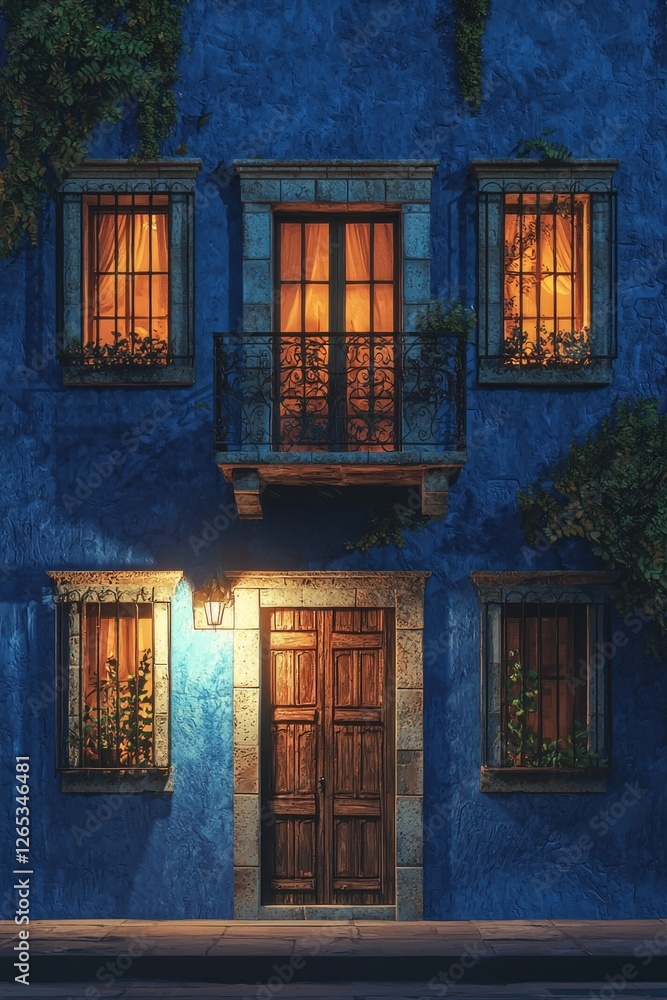 Obraz premium Old blue building facade with a balcony and windows at night in the city of Guanajuato, Mexico, illuminated by warm street light