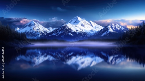 Wallpaper Mural Stunning view of mountain peaks reflected in a serene lake during twilight. The tranquil atmosphere and vibrant colors create a perfect backdrop for nature lovers and adventurers. Torontodigital.ca